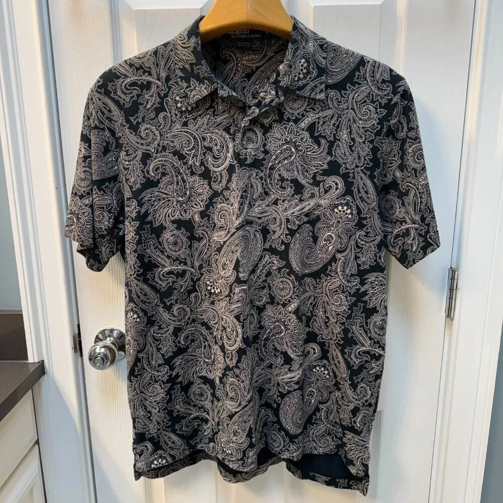 Vintage 90s Polo Ralph Lauren Black Large Paisley Polo Shirt Size Large